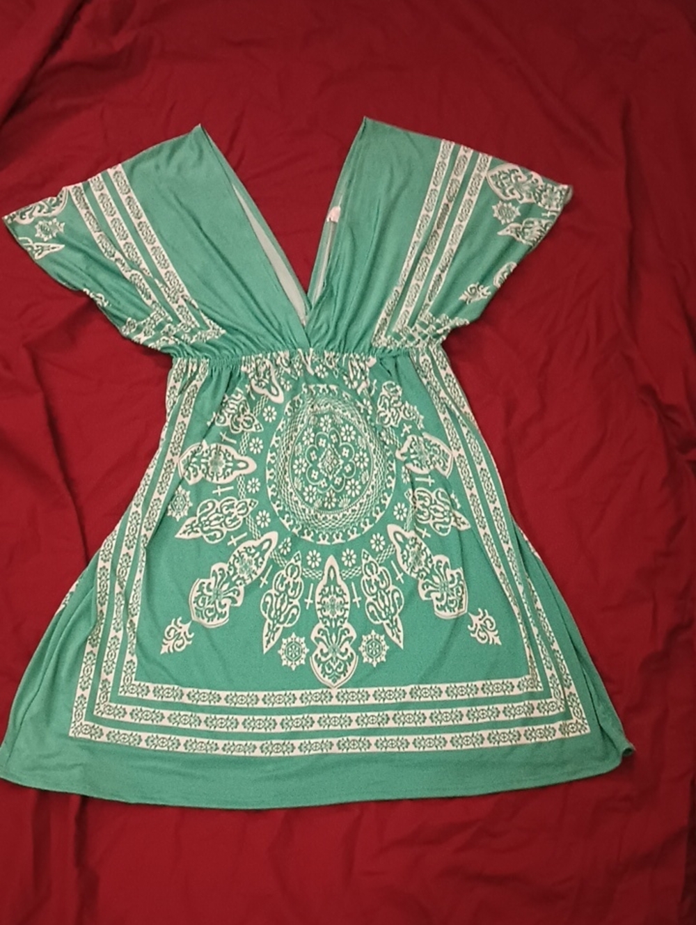 123 USA Teal Printed V-Neck Tunic Dress With Designs Flowy Whimsical Boho Size L